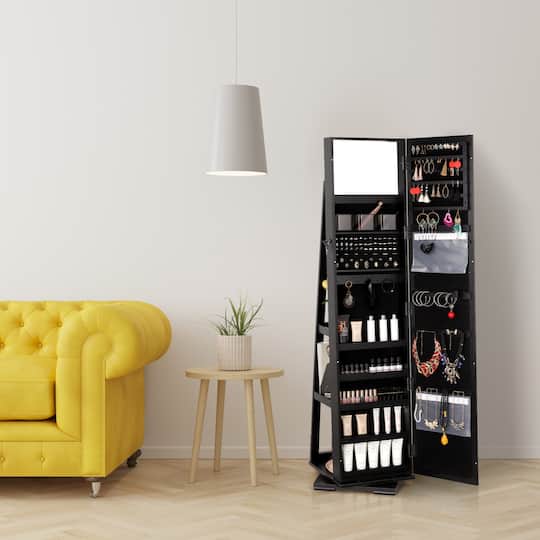 NEX™ Black 360 Degree Rotatable Jewelry Armoire with Free-Standing Mirror